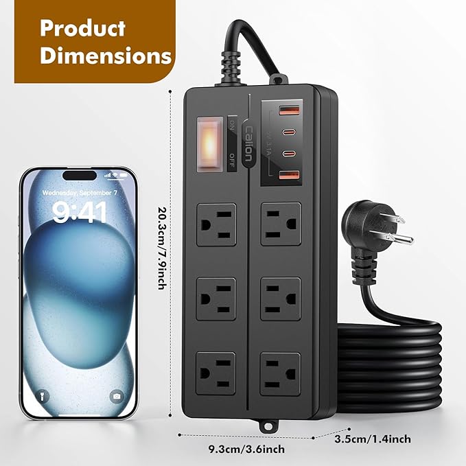 IPX6 Outdoor Power Strip Weatherproof, Waterproof Surge Protector with 6 Wide Outlet with 2A2C USB Ports, 15FT Long Extension Cord, Wall Mountable for Outside Decorations and More UL Listed(Black)