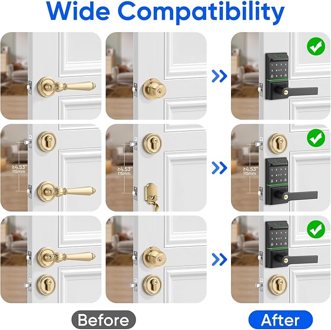 Keypad Smart Door Lock with Handle, Keyless Entry Deadbolt for Front Door, Smart Auto Lock Deadbolt with Phone/Watch App Control, Biometric Fingerprint Gate Handle with 7 Ways to Unlock