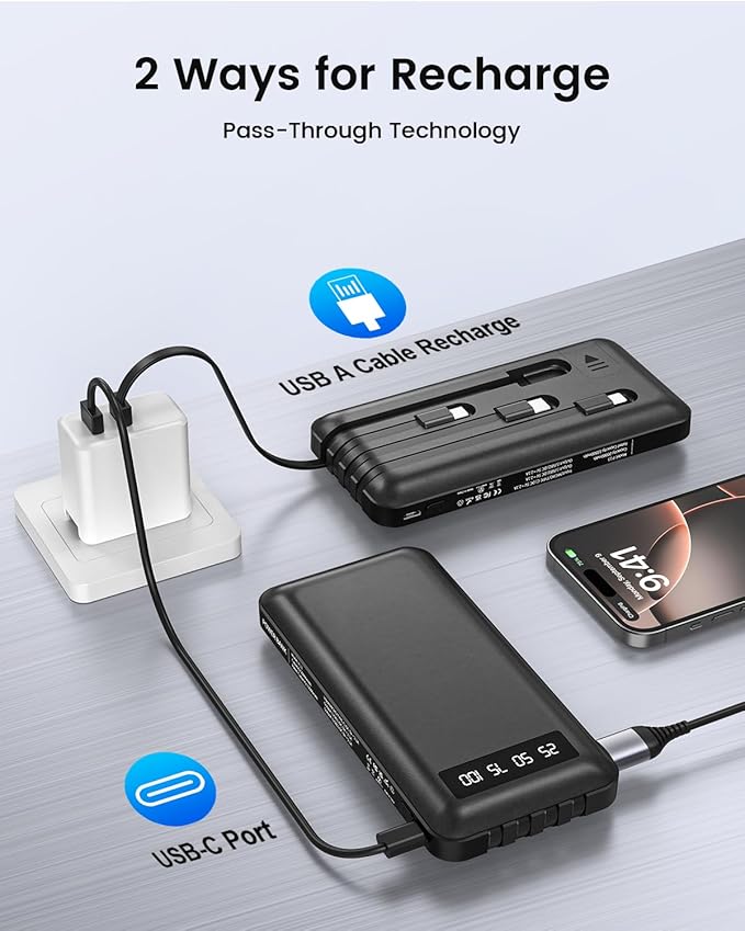 Portable Charger Power Bank with 4 Built in Cables, 38800mAh 22.5W External Battery Pack, USB C Slim Fast Charging, Travel Phone Charger for iPhone 16/15/14 Samsung Android iPad etc Black