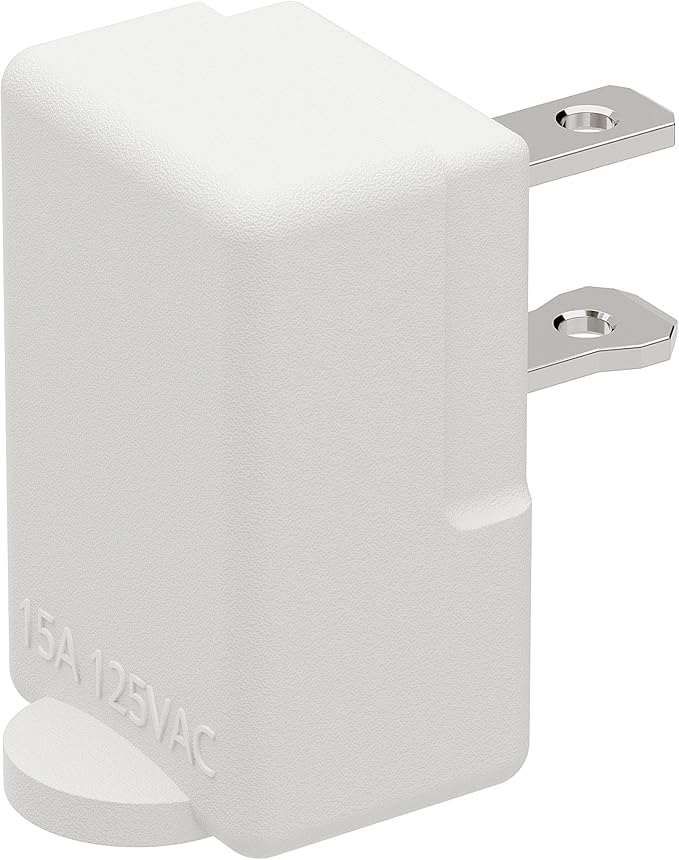 90 Degree 2 Pin Adapter, Plugrand Nema 1-15P to 1-15R Left Angled Adapter, 2 Prong Angled Adapter, NEMA 1-15P Power Adapter, PA-0506 White Color