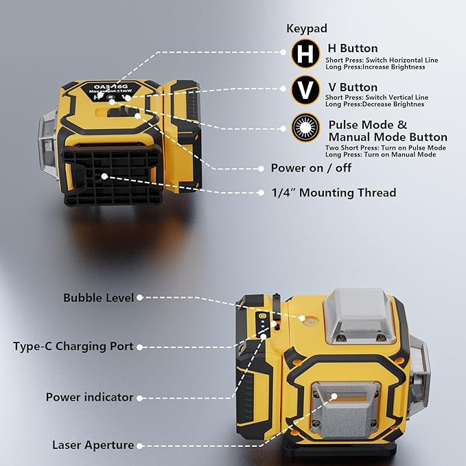 16 Line Laser Level 360 Self Leveling,Professional 4 x 360 Laser Level with Pulse Mode,4D Green Alignment Laser for Construction and Picture Hanging,with 2 Batteries,Magnetic Bracket,Hard Carry Case