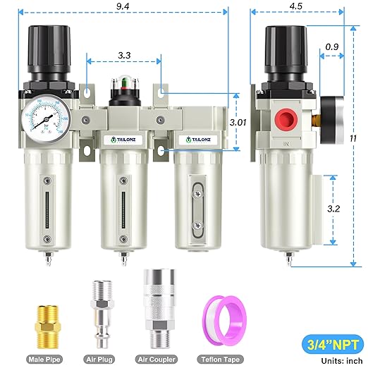 TAILONZ PNEUMATIC 3/4 Inch NPT Industrial Grade Three Stage Air Drying System, Coalescing Filter, 0-240PSI Desiccant Dryer and Air Regulator (Manual Drainage)