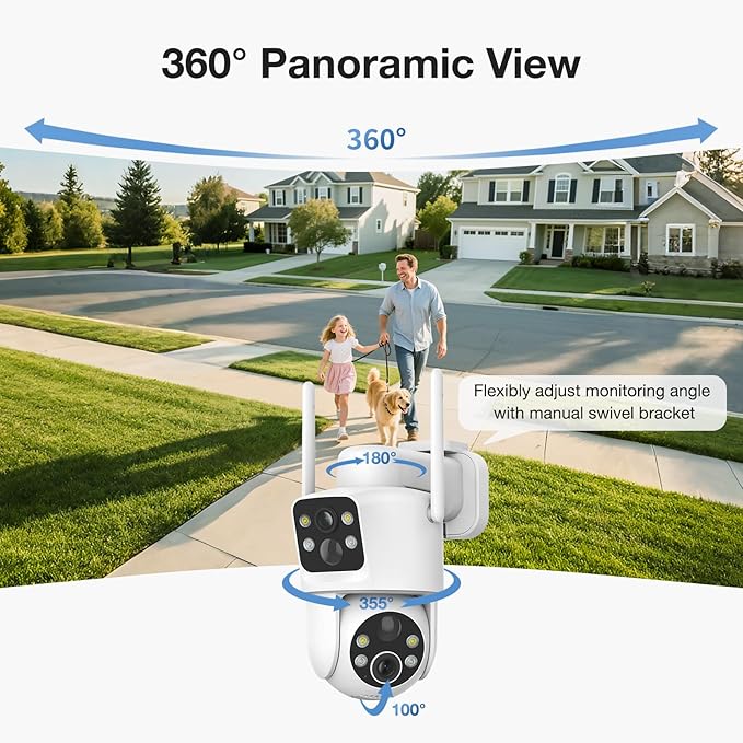 2 Pack Dual Lens Solar Security Cameras Wireless Outdoor, 2K Full HD Video, 360° View Pan/Tilt Home Security Camera with Color Night Vision, Easy to Install （2pack）