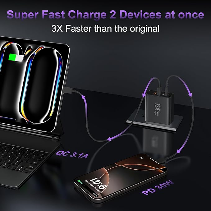 USB C Fast Wall Charger Block, 2Pack 60W USBC Charging Cubes, 5-Port PD+QC Power Adapter Multiport Brick Type C Box Plug for Phone 16/15/14/13/12/11/Pro Max/Plus, Pad Mini/Pro/S25/S24-Black