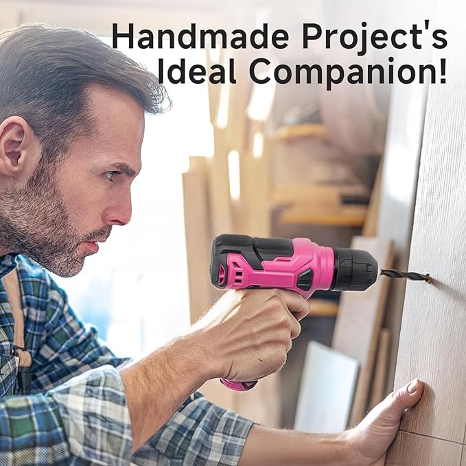 Tool Set - 8V Cordless Drill Kit, 132 Piece Box With Hand Drill, Home Kits for Men & Women, Perfect for Homeowner, Diyer, Handyman - Pink