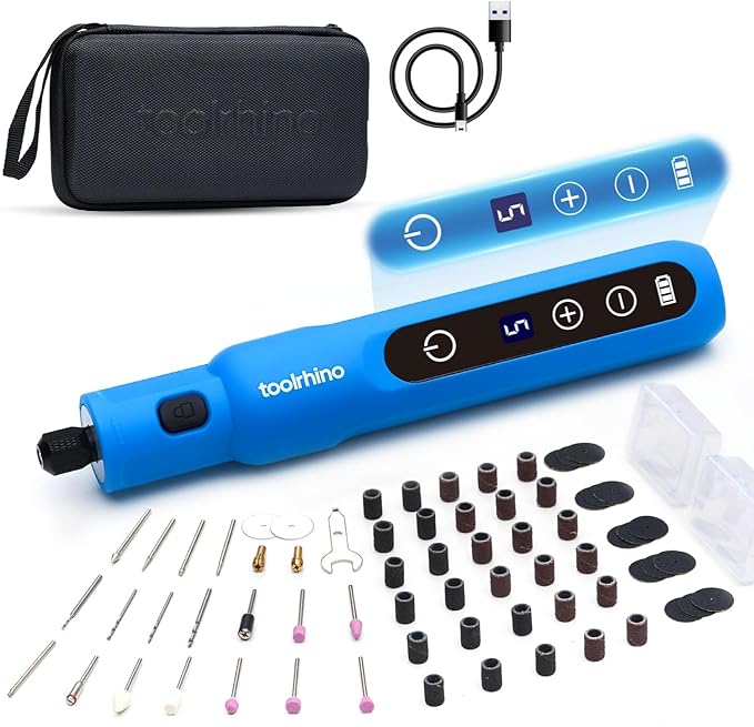 Cordless Rotary Tool Kit, 3.7V Wood Carving Tools with 5 Speed and 62 Accessories, Multi-Purpose Mini Rotary Tool for Sanding, Cutting, Engraving, Drilling, Polishing, DIY Creations, Blue
