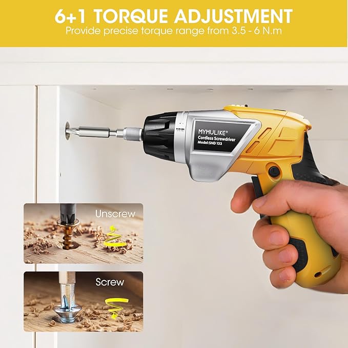 Electric Screwdriver Cordless Set, 3.6V Power Screwdriver Rechargeable with Light, Yellow Screw Gun with Pivoting Handle and Drill, 49 Pcs Accessories, 6+1 Torque Setting, 2000 mAh Battery