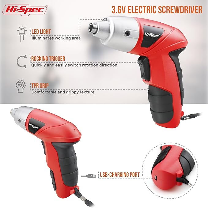 Hi-Spec 27pc 3.6V Red Small Power Electric Screwdriver Set. Cordless & Rechargeable with Driver Bit Set