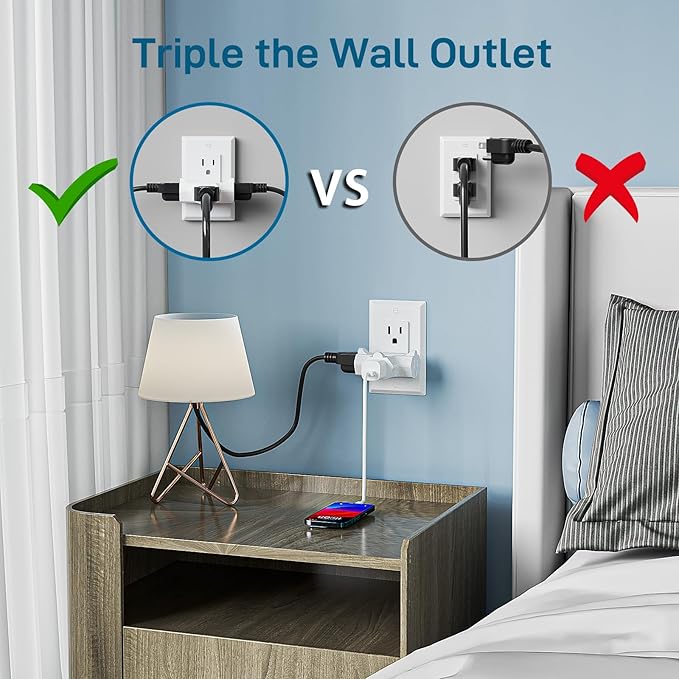 K KASONIC - 3-Outlet Grounding Adapter, [UL Listed] Plug Extender, Heavy-Duty Grounded Power Tap - 3 Pack (Multi-Color)