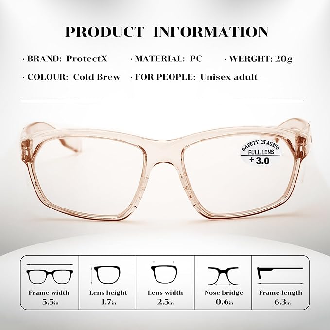 ProtectX Stylish Anti-Fog & Scratch-Resistant Safety Glasses With Readers, UV Protection Goggles, Anti-Impact Lightweight Glasses for Men＆Women Cold Brew Reading 3.0-6 Pack