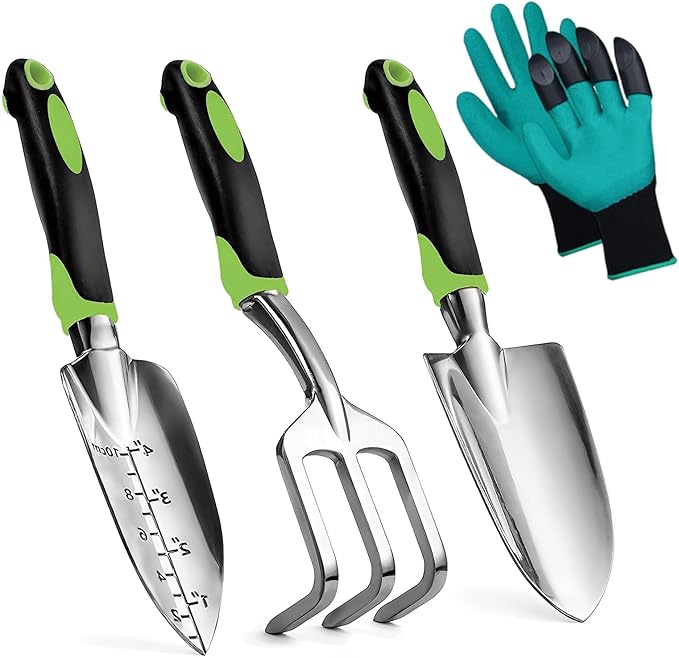Garden Tools Set, 4 Packs Aluminum Alloy Heavy Duty Gardening Tools with Ergonomic Rubberized Non-Slip Handle, Lawn and Garden Hand Tools Gifts for Men Women (Green)
