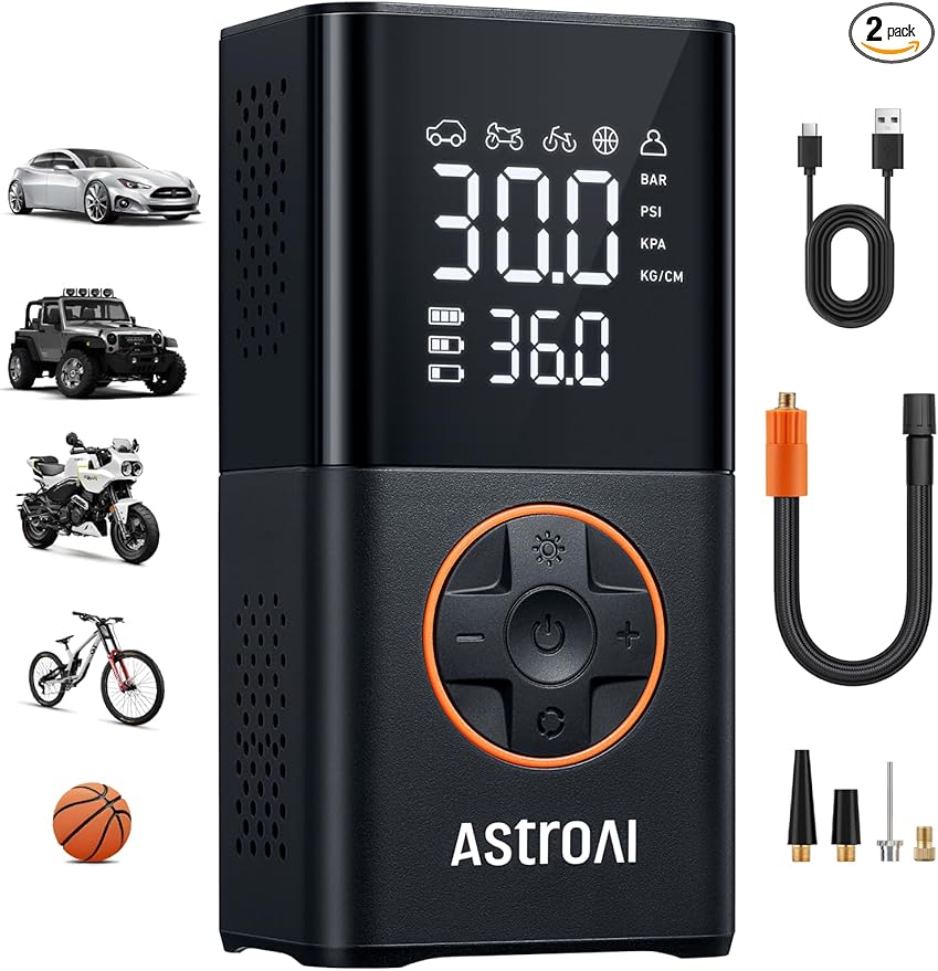 AstroAI L7 Tire Inflator Portable Air Compressor Cordless-2pack Bike Pump with Digital Dual Values Display, 150 PSI Car Tires Pump with LED Lights Air Pump for Cars, Motorcycles, Bikes, Balls
