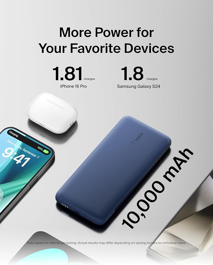Belkin Portable Charger, Power Bank 10000 mAh, 23W w/Integrated Lightning Cable & USB-C Cable - iPhone Charger Battery Pack for Apple iPhone 16, 15, 14, Galaxy S25, Pixel 9, Travel Essentials - Blue