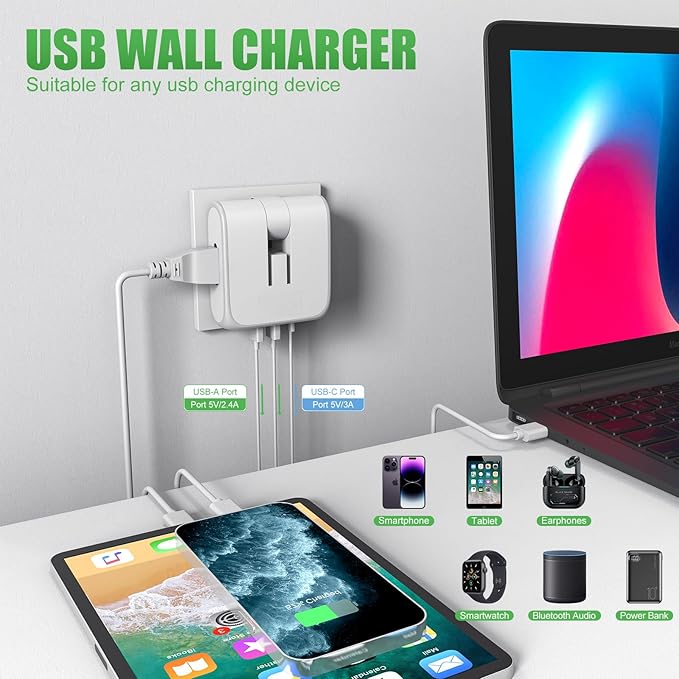 Flat Wall Outlet Extender with USB Charging Ports, HICITY 180° Swivel Power Strip 2 USB Ports, 2 Prong Folding Plug for Tight Spaces, Type A Ultra Thin Design (White)