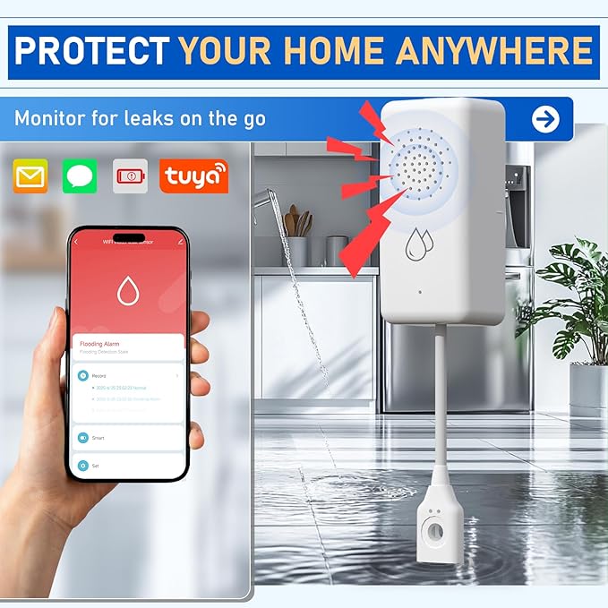 BSEED WiFi Water Leak Detector 5 Pack, Smart Water Sensor with Cable, 85dB Audio/App/SMS/Email Alarm, Rapid Leak Detection for Home, Kitchen, Bathroom, Basement, IP65 Waterproof, No Hub Required