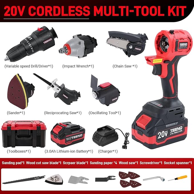 Cordless Combo Kit 20V, 8-in-1 Cordless Multi-tool with Case, Drill, Recip saw, Chain Saw, Impact wrench, Oscillating Tool, Sander with Accessories, 3.0Ah Lionthium Battery and Charger