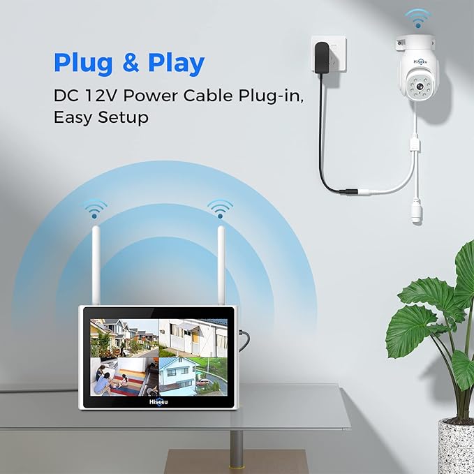 Hiseeu Wireless Security Camera System, 4 Cam- Kit 5MP Outdoor Security Camera with with 10in LCD 1T HDD,[Plug in & Play] 2.4G/5Ghz,2-Way Audio,Color Night Vision, IP66 Waterproof, No Montly Fees