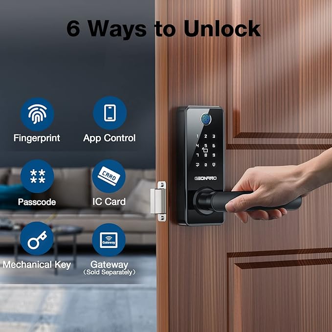 GEONFINO Smart Door Lock 6-in-1 Deadbolt with Keypad,Fingerprint Door Lock with Handle, Bluetooth Electronic Deadbolt for Home