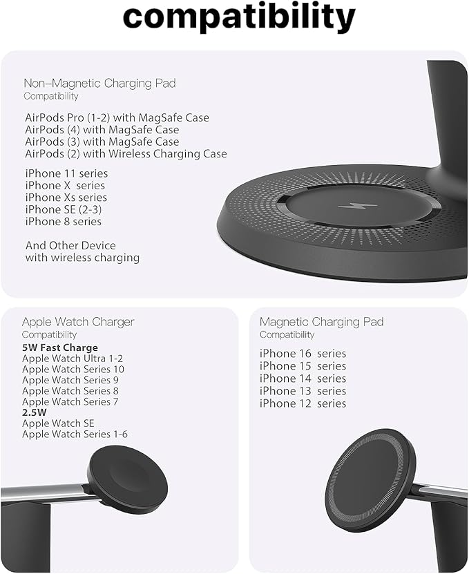 3 in 1 Wireless Charging Station for Apple Device: Fast Charging Station for iPhone and Watch with MagSafe, Stable Charger Stand for iPhone 12-16 & iWatch & AirPods