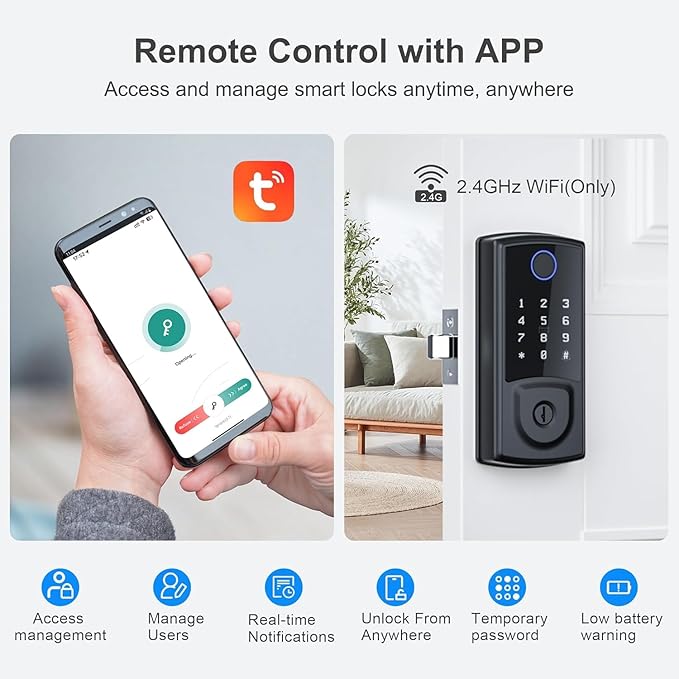 Smart Door Lock,Keyless Entry Door Lock for Front Door,Security Smart Deadbolt with Touchscreen Keypad,App Remote Control Fingerprint