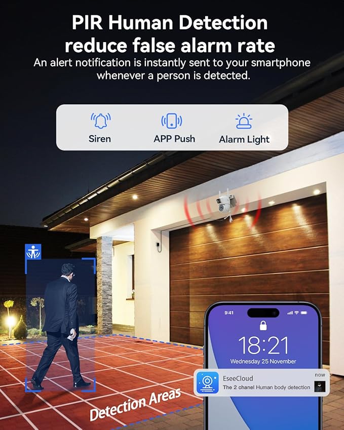 Security Camera Outdoor Wireless, Dual Lens 2K (3MP+3MP) 355° PTZ Home Security WiFi Camera Outside Surveillance Indoor, 2.4G WiFi, PIR Human Detection, Auto Tracking, Color Night Vision, White