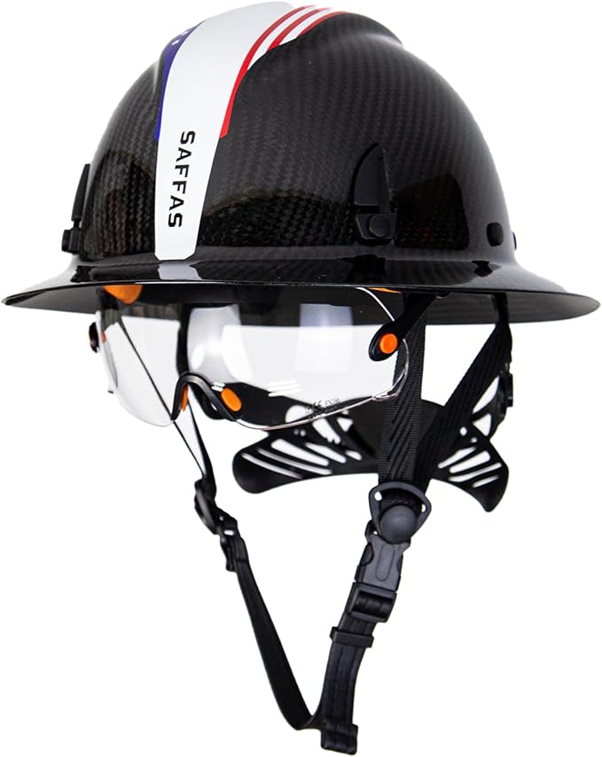 Carbon Fiber Full Brim Hard Hat Safety Helmet with Goggles and Leather Chin Strap 6-Point Suspension Adjustable Knob with Neck Protection