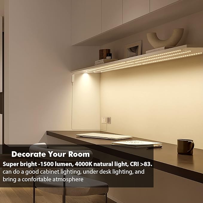 WOBANE Under Cabinet Lighting Kit, 6PCS 20inch LED Strip Bars with 24W Adapter,RF Remote,Super Bright Daylight for Kitchen Cabinet,Under Desk,Counter Lighting,4000K Natural White,1500 Lumen,Dimmable