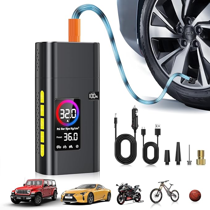 180PSI Tire Inflator Portable Air Compressor, 26000mAh Portable Tire Inflator for Car,5X Fast Electric Bike Air Pump with Digital LCD Pressure Gauge/LED Light/Power Bank, Bike, Motorcycle, Ball