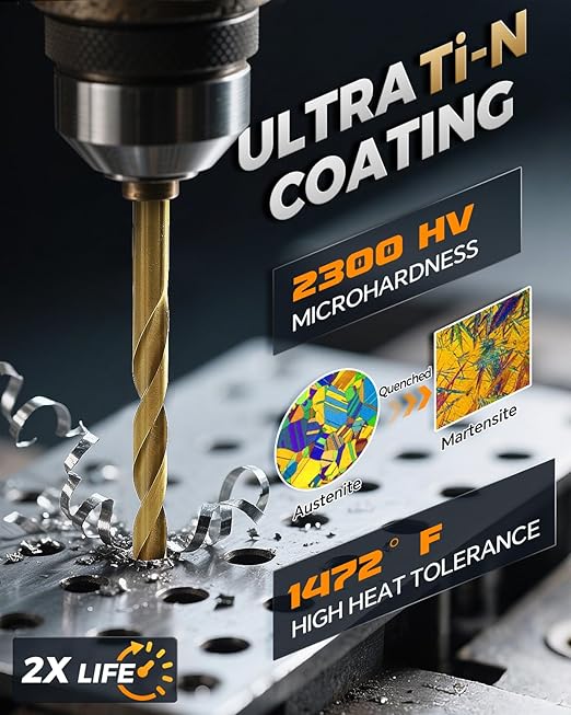 COMOWARE Titanium Twist Drill Bit Set - 16 Pcs Hex Shank High Speed Steel for Wood Plastic Aluminum Alloy, Quick Change, 1/16"-1/4"