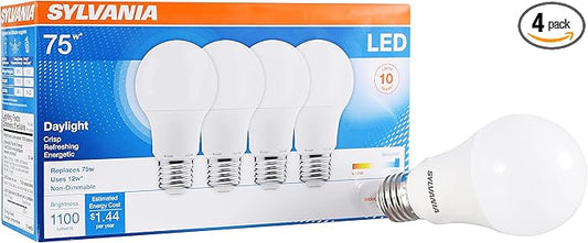 SYLVANIA LED Light Bulb, 75W Equivalent A19, Efficient 12W, Medium Base, Frosted Finish, 1100 Lumens, Daylight - 4 Pack (78100)