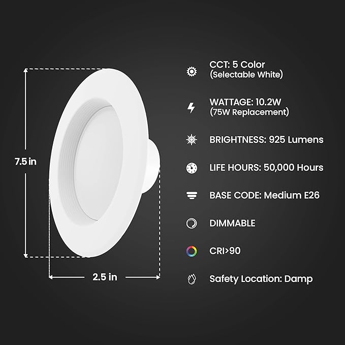 Feit Electric LED Downlight Retrofit Kit with Baffle Trim, 75W Equivalent, 5/6-Inch Dimmable Recessed Can Light, Adjustable White 2700K-5000K, 90+ CRI, 50,000-Hour Lifetime, LEDR56B/6WYCA/MP/6