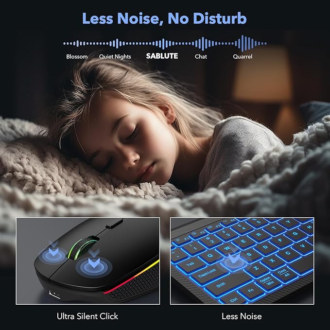 Wireless Keyboard and Mouse Bluetooth, Multi-Device Mini Keyboard, Switch up to 3 Devices, Slim Portable Travel Backlit Cordless Set, RGB Silent Mouse, for Mac, Windows, iOS, Android, Ipad - SABLUTE
