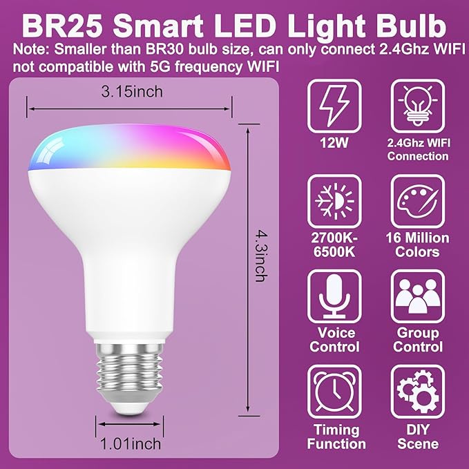 Smart RGB Bulb,BR25/R80,Smart Bulbs Compatible with Alexa,Color Changing LED WiFi Bulb 12W,2.4Ghz WiFi Only.E26/E27Base,4Packs