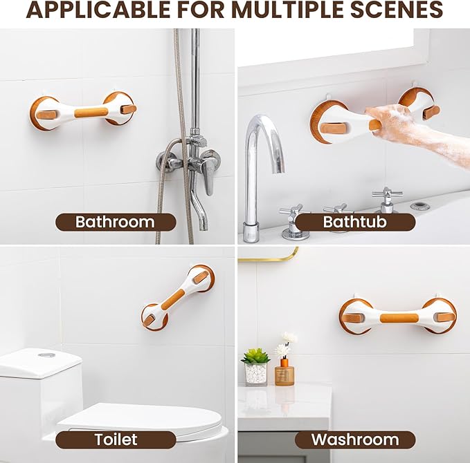 TAILI Shower Grab Bar, 2 Pack 12 Inch Suction Grab Bars for Bathtubs and Elderly, Shower Handle for Seniors Bathroom Safety Grip, No Drilling Removable,Wood Grain