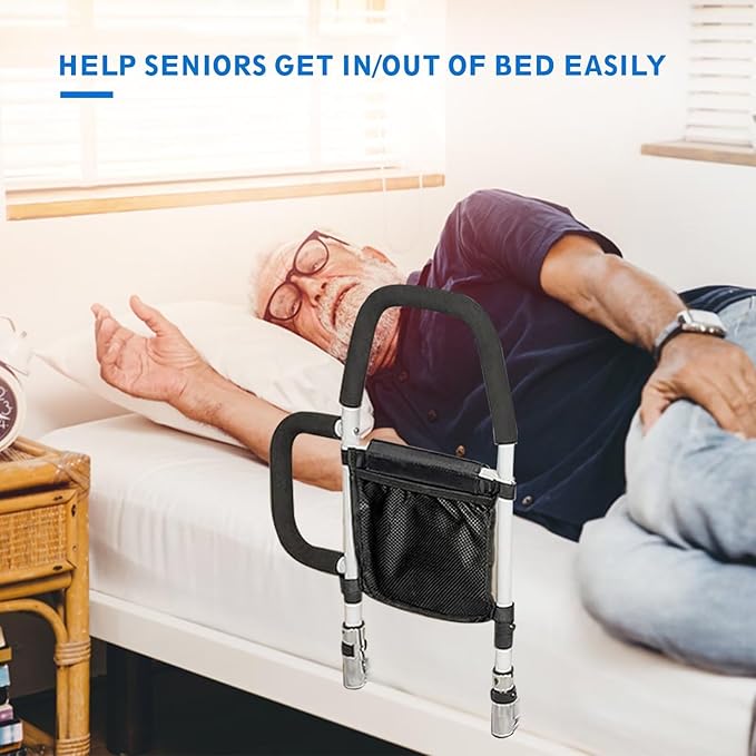 Bed Rails for Elderly Adults Safety - Bed Assist Rail with Dual Handles for Easy Getting in and Out of Bed, Bed Rail with Storage Pockets for King, Queen, Full, Twin - 300 lbs.