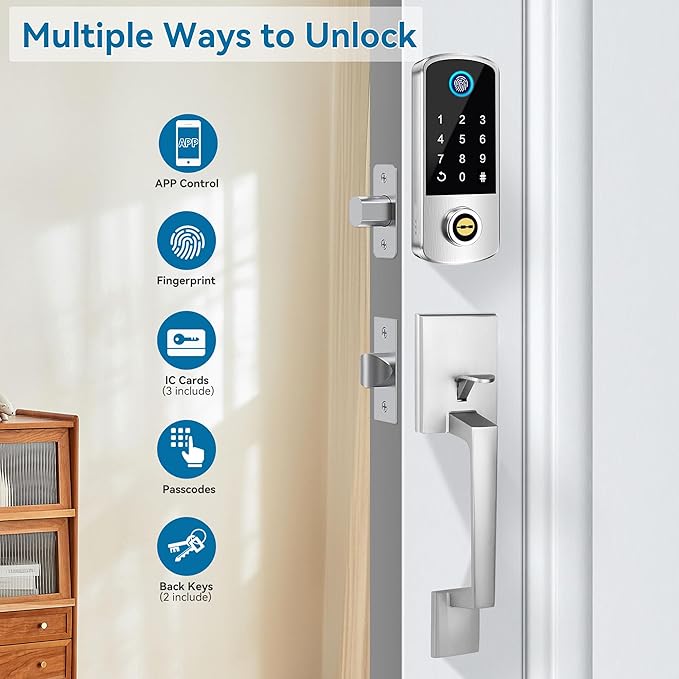 Keyless Entry Door Deadbolt with Handle Set, BEBASIA Fingerprint APP Smart Door Lock, Digital Keypad Bluetooth Deadbolt Lockset with Auto Lock Code Fob Satin Nickel