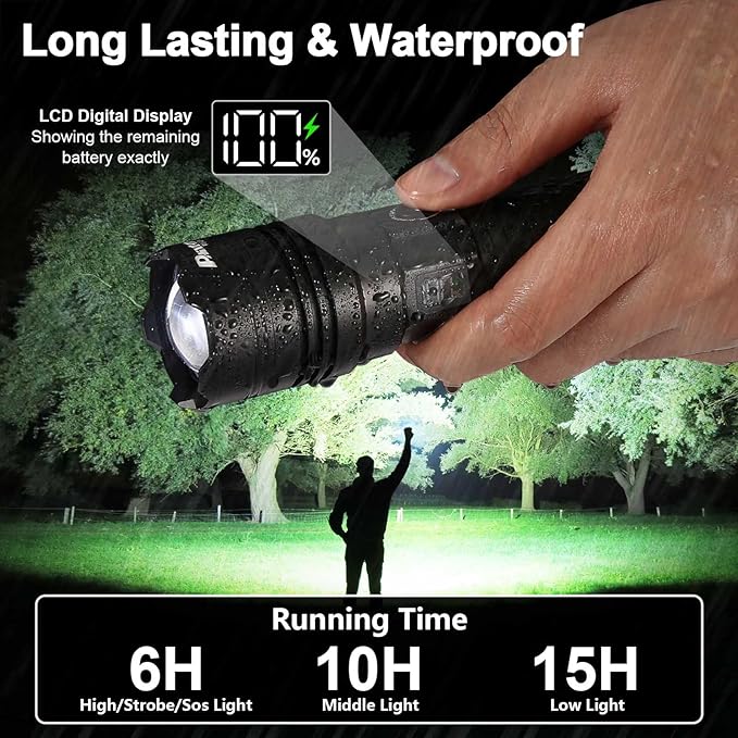 Rechargeable Flashlights 2000 High Lumens Long Range 3280 FT, Super Bright USB C LED Flashlight Long Lasting 15 Hours, Powerful Multifunctional Strong Flash Lights, for Emergency Security Camping