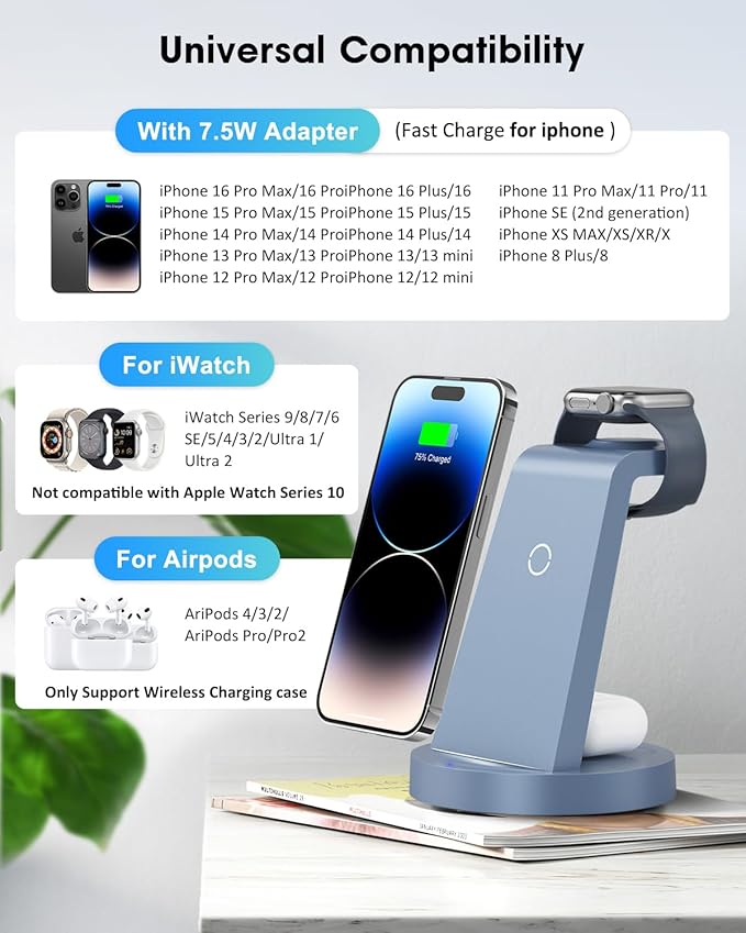 3 in 1 Charging Station for Apple Device, Wireless Charger for iPhone 16 15 14 13 12 11 Pro Max & Apple Watch iwatch- Charging Stand Dock for AirPods