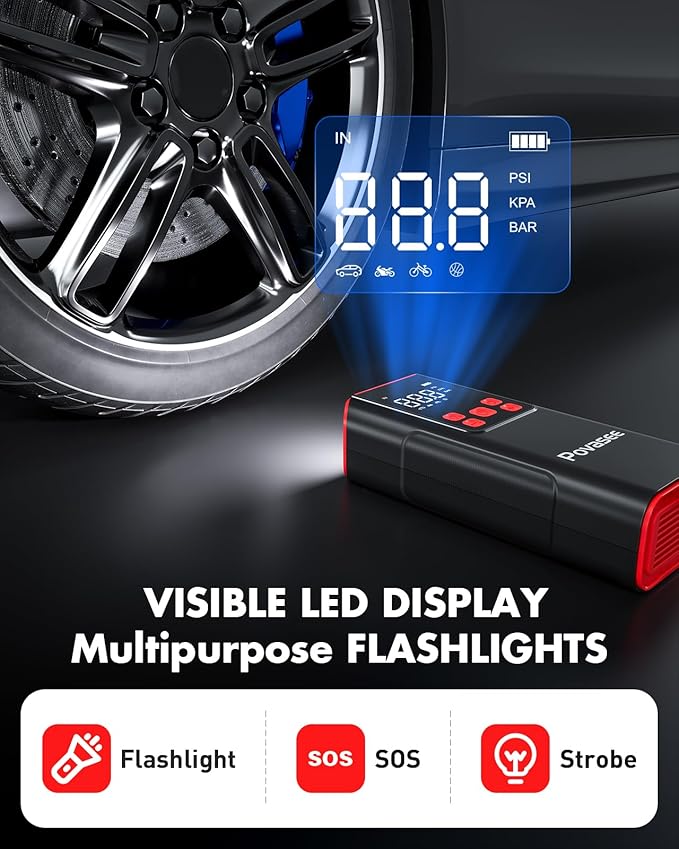 Tire Inflator Portable Air Compressor Povasee 150PSI Portable Air Pump for Tires Cordless Car Tire Inflator with LCD Display,Flashlight, 2X Tire Pump Faster suit for Cars Bikes Motorcycle Ball