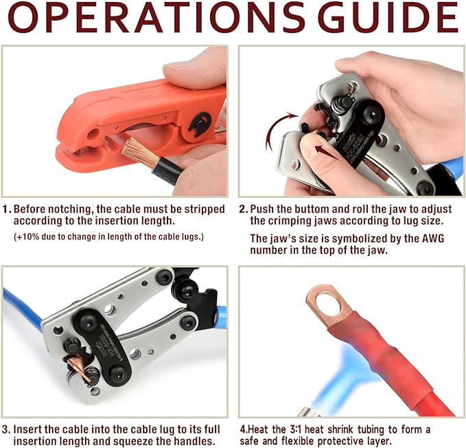 iCrimp Battery Cable Lug Crimping Tool Kit For Copper Lugs Awg 8-1/0,Battery Cable Crimper with Stripper 90pcs Copper Battery Lugs/Heat Shrink Tubes