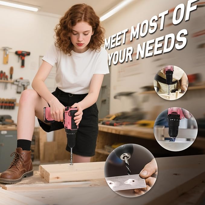 COMOWARE Pink Tool Box with 20V Drill, 120 Pcs Pink Tool Set, Tool Kit for Home, Pink Drill Set for Women, Power Tool Combo Kits with 2.0 Ah Li-ion Battery & Charger, 25+1 Clutch