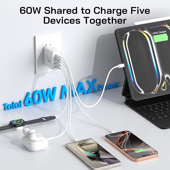 2Pack USB C Fast Charger Block, 60W 5-Port USB C Wall Charger 30W Type C Charging Block, 2USB C+3USB A PPS/PD 3.0 Multiport Charging Cube for iPhone 16 15 14 13 Pro Max,for Galaxy S25 S24 Ultra, i Pad