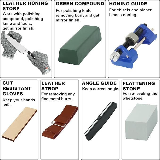 Knife Sharpening Stone Set, ONEHERE 4 Side Grit 400/1000 3000/8000 Whetstone Sharpener Kit with Non-Slip Bamboo Base, Leather Strop, Cut Resistant Gloves, Flattening Stone & Angle Guide (Large Set)