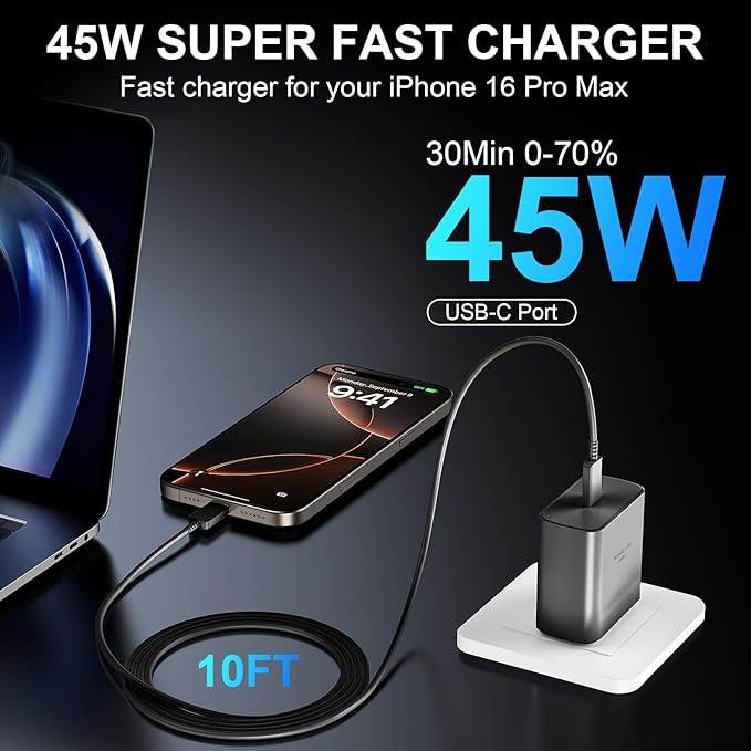 Phone 16 Pro Max Charger Fast Charging, 45W USB C Phone 16 Super Fast Charger Block with 10ft Long Type C Charging Cable Cord for Phone 16/16 Pro/16 Pro Max/16 Plus, 15/15 Pro Max/Pro/Plus, Black