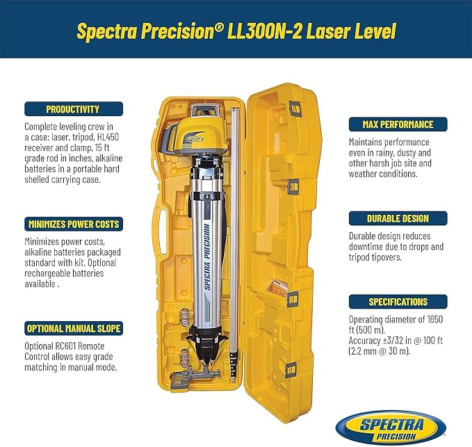 Spectra Precision LL300N-2 Laser Level, Self Leveling Kit with HL450 Receiver, Clamp, 15' Grade Rod / Inches and Tripod , Yellow