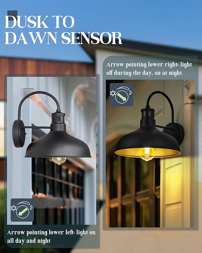 2 Pack 12" Motion Sensor Barn Lights, Outdoor Wall Lights with Dusk to Dawn Feature, IP65 Waterproof Farmhouse Gooseneck Light for House, Patio, Garage，HSMD2215-2