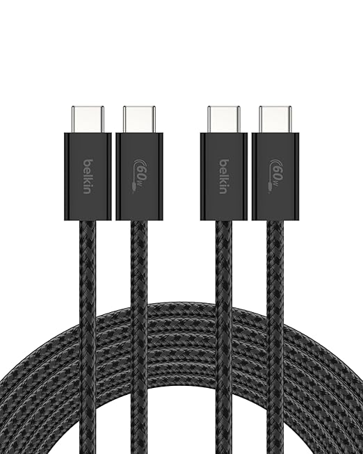 Belkin USB C to USB C Cable 2-Pack, 9.9ft, 60W - Type C Charger, iPhone Charger Cord, Soft, Braided, Flexible for iPhone 16, Galaxy S25, Pixel 9, Airpods, iPad Pro & More, Travel Essentials - Black