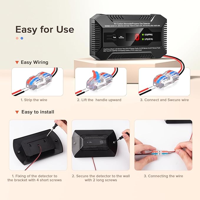 Nuleto RV Dual LP/CO Alarm，RV Carbon Monoxide & Propane Gas Detector with Separate LED Indicator Light, Early Warning to Ensure RV Camping Safety Travel (with 1 Bracket), Black