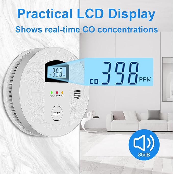 Combination Carbon Monoxide and Smoke Alarm with Digital Display, Battery Operated Smoke and Carbon Monoxide detectors 1-Pack