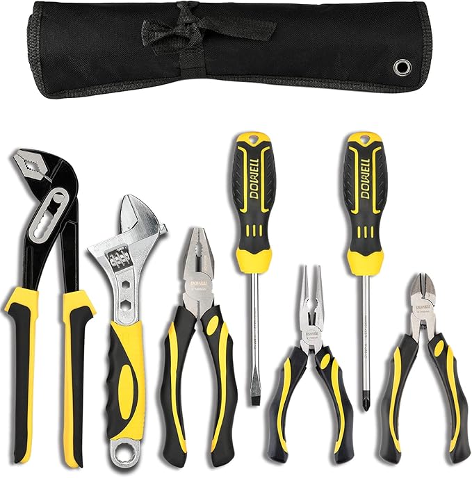DOWELL 7-Piece Pliers Set - 10-Inch Groove Joint, 8-Inch Adjustable Wrench, Combination, 6-Inch Long Nose, Diagonal Cutting, Screwdrivers - Maintenance Tool Kit With Pouch
